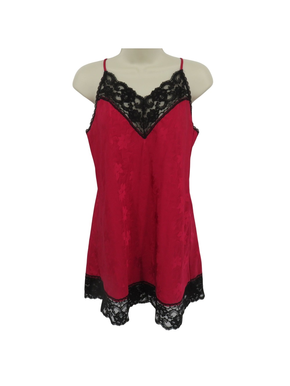 VTG Deena Women Medium 2582P Red Flower Print Black Lace Babydoll Sleep Dress